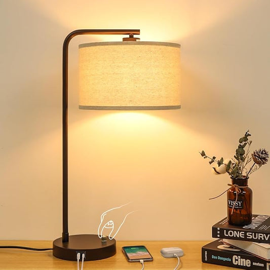 25" Tall Table Lamp with USB C+A Ports, Fully Stepless Dimmable Modern Minimalist Bedside Nightstand Lamp, Reading Desk Lamp for Bedroom, Living Room, Study Room, Office, 9W 3000K LED Bulb Included