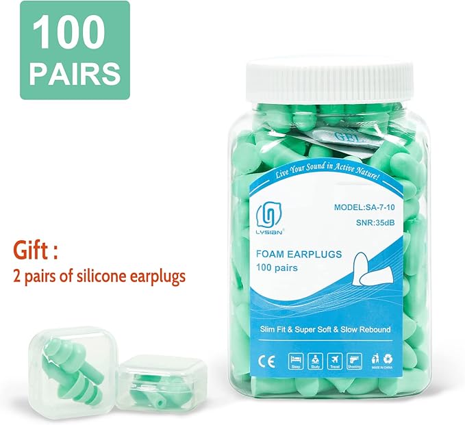 LYSIAN 100 Pairs Slim Foam Ear Plugs for Small Ear Canals Women, 35dB SNR Noise Canceling Sound Blocking Reduction Earplugs for Sleeping, Snoring, Work, Shooting, Studying, Loud Noise