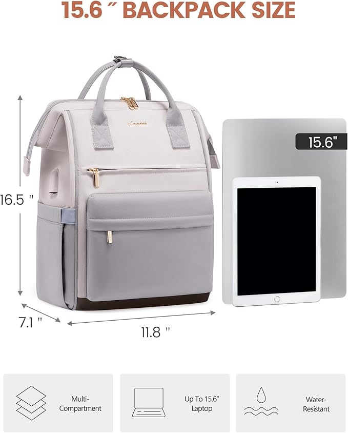 LOVEOVOOK 15.6 Inch Laptop Backpack for Women, Large Capacity Travel Backpack with USB Charging Port, Waterproof Work Backpack for Business, College, Nursing & Airline Travel,Light Gray
