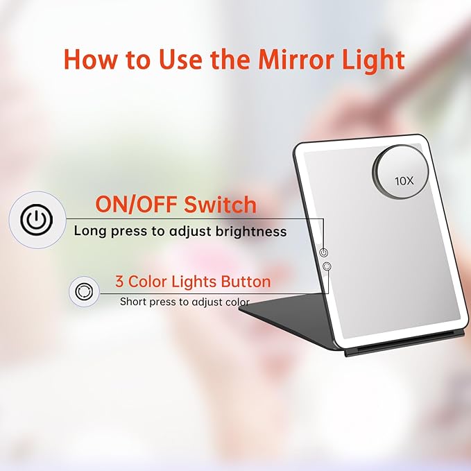 FUNTOUCH 10x7.5 Portable Large Travel Makeup Mirror with Light, 2500mAh Rechargeable Lighted Travel Makeup Mirrors with 3 Color Lights, Dimmable Folding Light Up Make up Mirror with Small 10x Mirror