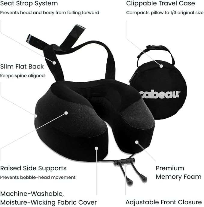 Cabeau Evolution S3 Airplane Travel Pillow for Long Flights - Supportive Memory Foam Body Positioner with Seat Straps to Secure Your Head and Neck and Provides 360 Support (Jet Black)
