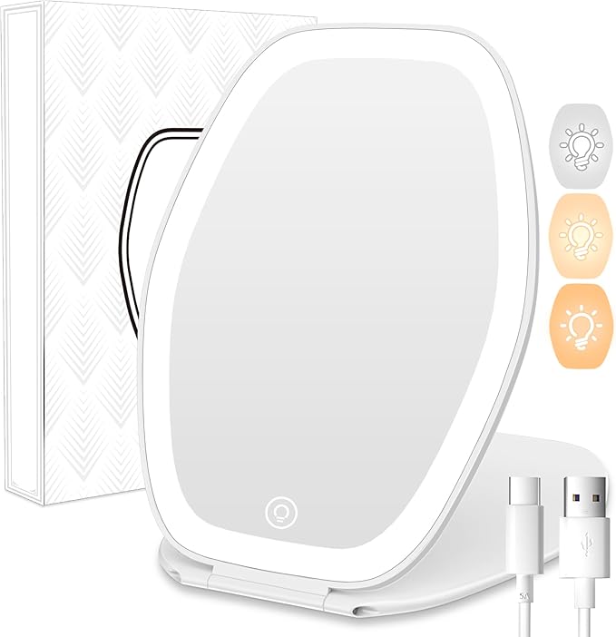 COSYGLOW Travel Makeup Mirror with Light: 3 Color Lighting Portable Mirror with Touch Screen Rechargeable Adjustable LED Lights Hexagon Vanity Mirror for Travel, Desk, Home (White)