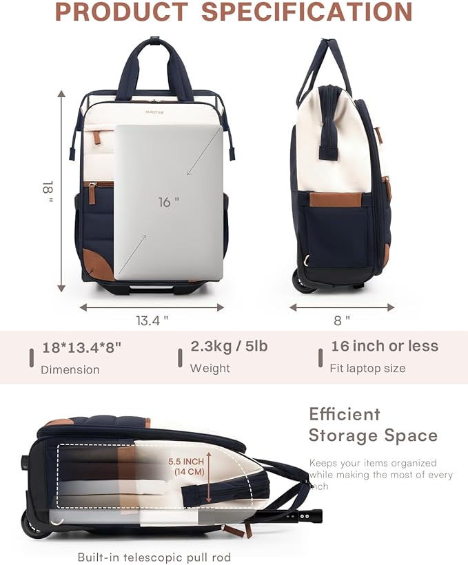 Rolling Puffer Backpack for Women, Travel Backpack with Wheels, 16 Inch Wheeled Laptop Backpck, Dual-Opening Design Overnight College Underseat Carry on Luggage, Roller Business Work Bag, Navy Blue