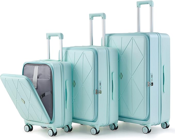 3 Piece Luggage Set 100% PC Hardshell, Front Opening Expandable Suitcase (20/24/28) with Laptop Compartment & Free Custom PVC Covers, Trunk Style Lightweight Spinner Wheels TSA Lock