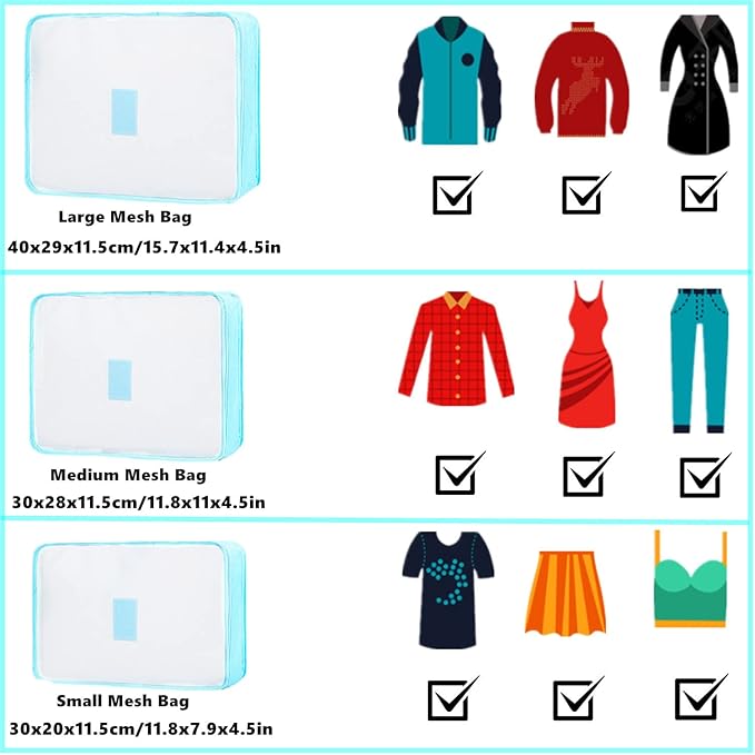 6 PCS Travel Luggage Organizer Bags, Packing Cubes Compression, Travel Storage Bags Organizers, Travel Cubes Laundry Pouches for Backpack Suitcases Clothes Underwear (Light Blue)