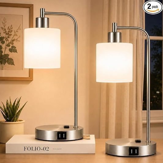 Set of 2 Industrial Touch Control Table Lamps with 2 USB Ports and AC Outlet - 3-Way Dimmable Nickel Bedside Lamp Nightstand Desk Lamps for Bedroom Living Room, Opal Glass Shade & 2 LED Bulbs Included