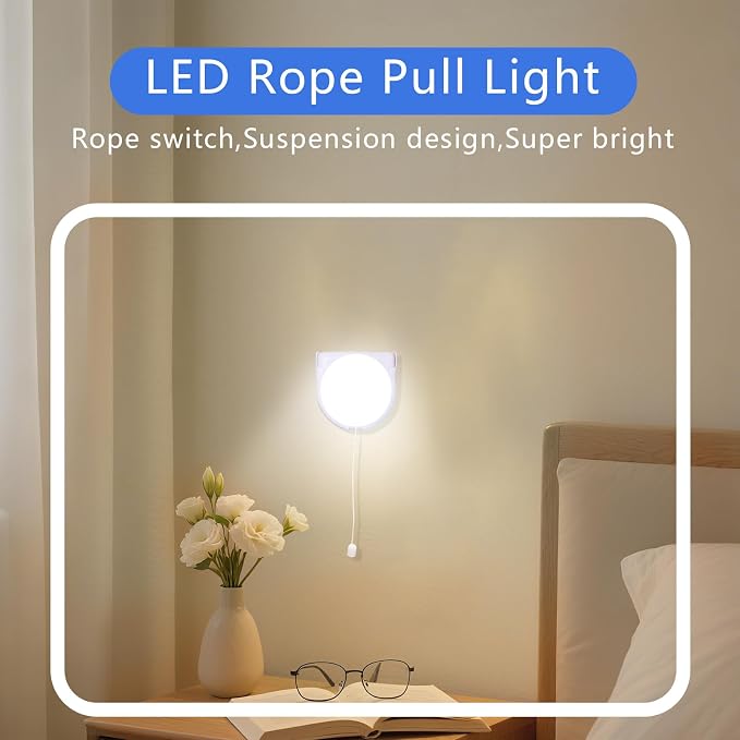 Battery Light Bulb, 2Pack Battery Operated Closet Lights with Pull Chain | Zwesanii Wireless Stick up Wall lights Pull String Light Fixture for Cabinet Bedroom Bathroom Study Room, Cool White 6000K