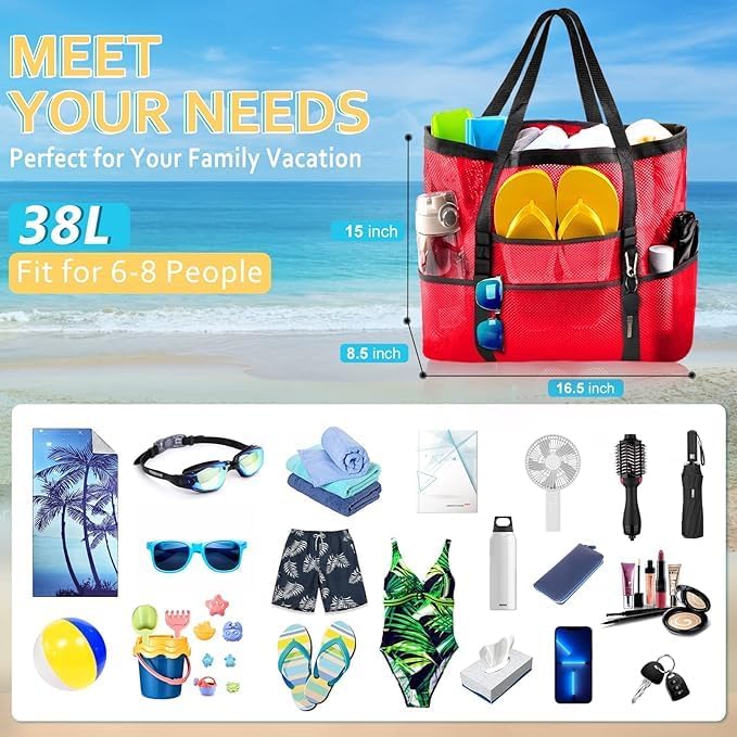 SRISE Mesh Beach Bag - Large Beach Tote Bag for Family Beach Bag for Toys & Vacation Essentials