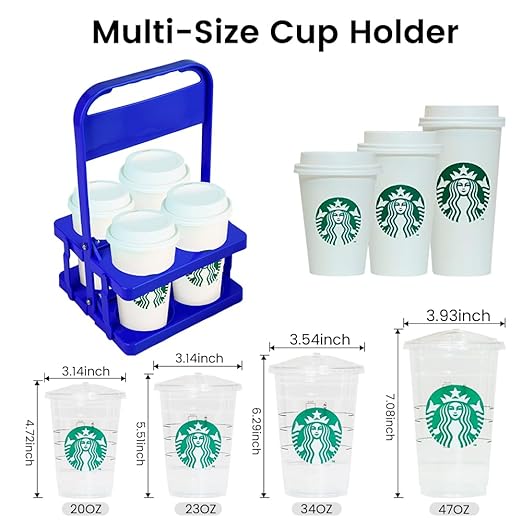 Bodaon 4 Cup Drink Carrier with Handle, Plastic Cup Carriers for Drinks, Drink Holder for Car, Take Out Delivery Drivers Accessories, Portable Foldable Reusable Mobile, Use for Food Delivery Bag, Blue