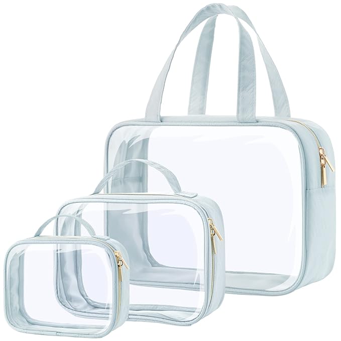 PACKISM Clear Makeup Bag Combo Pack, 1 TSA Approved Medium & Large/XL for Checked Luggage, Clear Toiletry Bag with Handle, Water-resistant Travel Essentials Organizer, Grayish Blue