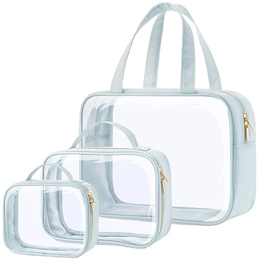 PACKISM Clear Makeup Bag Combo Pack, 1 TSA Approved Medium & Large/XL for Checked Luggage, Clear Toiletry Bag with Handle, Water-resistant Travel Essentials Organizer, Grayish Blue