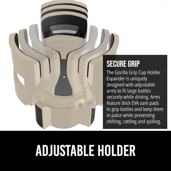 GORILLA GRIP Patent Pending Adjustable Car Cup Holder Expander, Keeps Water Bottle Secure, Expands to Fit 18 to 48 oz Large Bottles, Yeti, Owala, Stanley with Handle, Coffee Mug Insert for Cars, Tan