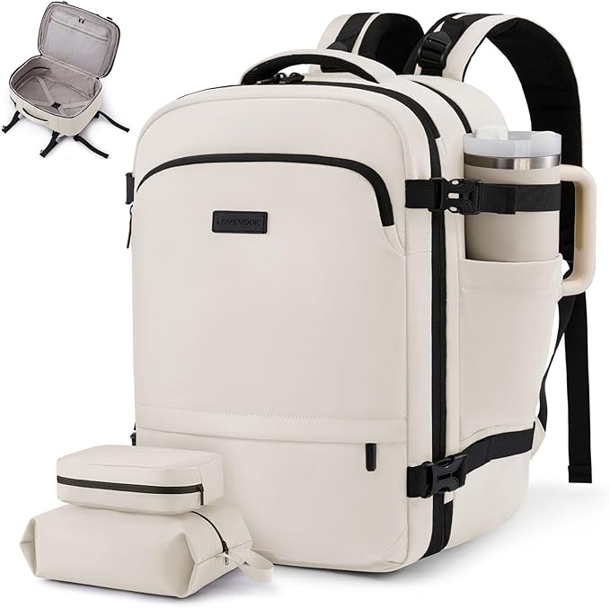 LOVEVOOK Carry On Backpack For Women & Men, 40L Personal Item Travel Bag, TSA Travel Backpack for Airplanes with Cup Holder, Business Weekender Overnight Waterproof Daypack with 2 Cubes, 17.3 inch