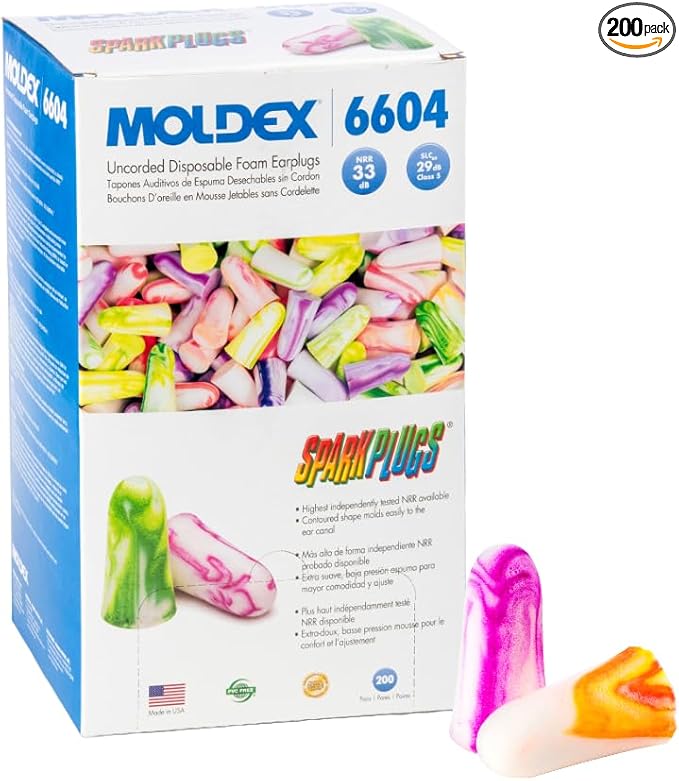 Moldex SparkPlugs Foam Earplugs – Soft, Comfortable, Uncorded, Disposable Ear Plugs, NRR 33dB Noise Reduction for Hearing Protection, Made in USA, 200 Pairs, 6604