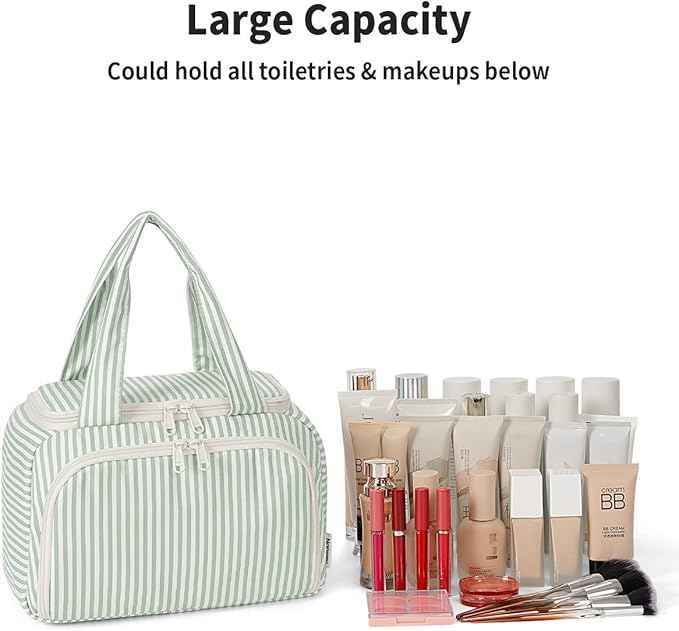 Narwey Striped Travel Toiletry Bag for Women Large Makeup Bag, Wide-open Cosmetic Make Up Organizer with Handle, Travel Bag for Toiletries, Essentials, Accessories (Mint Green Stripe)