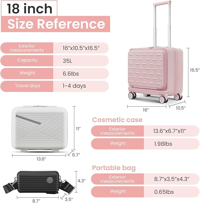 3 Piece Luggage Set 16 Inch Carry On with Front Opening, Expandable PC Hardshell Suitcase with 14" Cosmetic Case & Handbag, Lightweight Underseat Rolling Luggage with TSA Lock & PVC Cover
