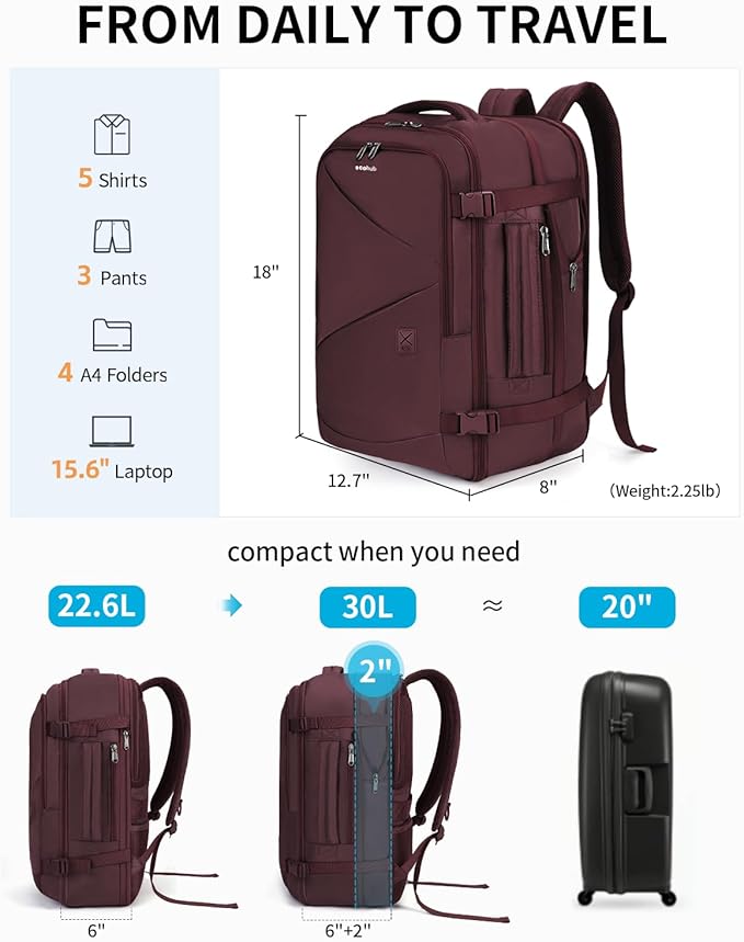 ECOHUB Carry On Travel Backpack, Expandable Airlines Personal Item Bag 18x14x8, Water Resistant 17 inch Laptop Backpack Flight Approved, 12 Pockets 30L Work Backpacks with Wet Pocket & Cable Slot, Red