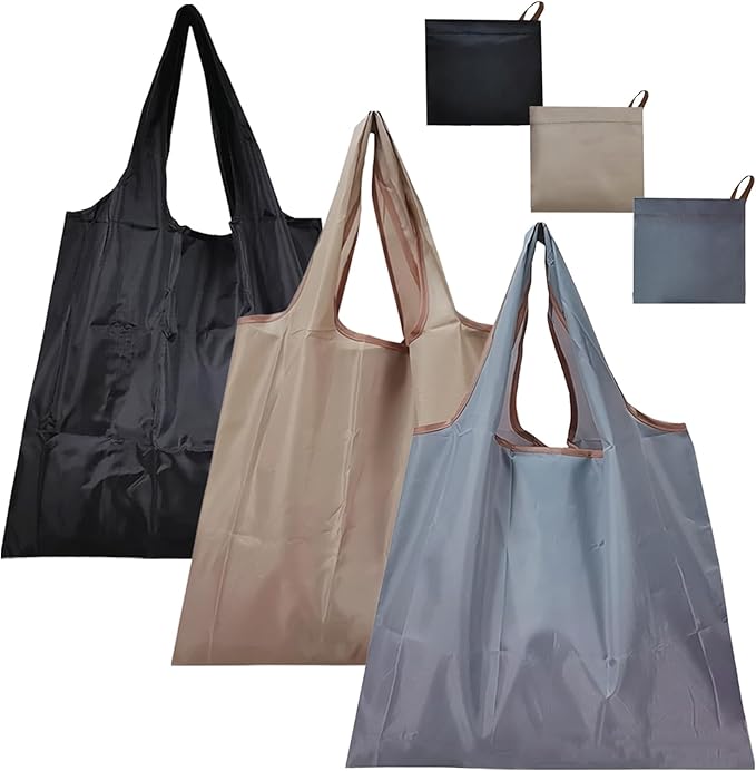 Foldable Shopping Bags, 3-Pack, 50lb Capacity Reusable Tote Bags with Handles, Machine Washable, Black Gray Beige | Folds to pocket size, Machine washable, Quick-drying, Reusable design, Sustainable, Long-term durability