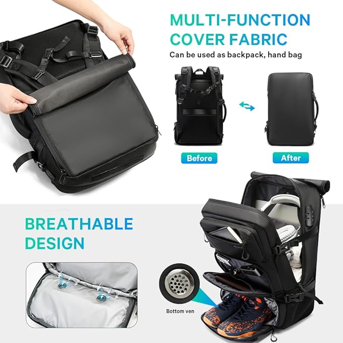 FUTURE AESTHEICS Travel backpack Carry-on Travel Backpack For Women Men Flight Approved Business Weekender Overnight Waterproof Daypack (Black)