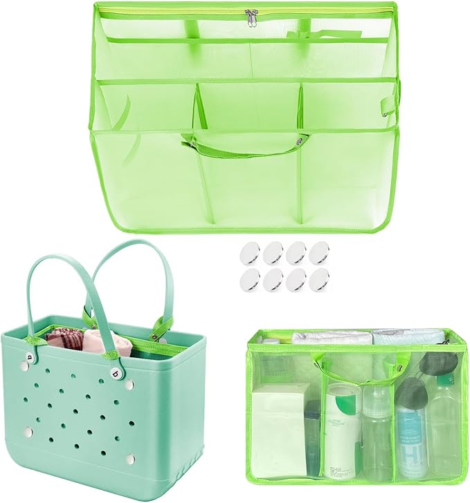 XYFuuee Beach Bag Organizer Inserts for Baby Medium Bogg Bag Accessories with 8 Removable Metal Fasteners, Lightweight Mesh Insert Divider Pouch, Organizing Rubber Tote, Save Storage Space, Green M