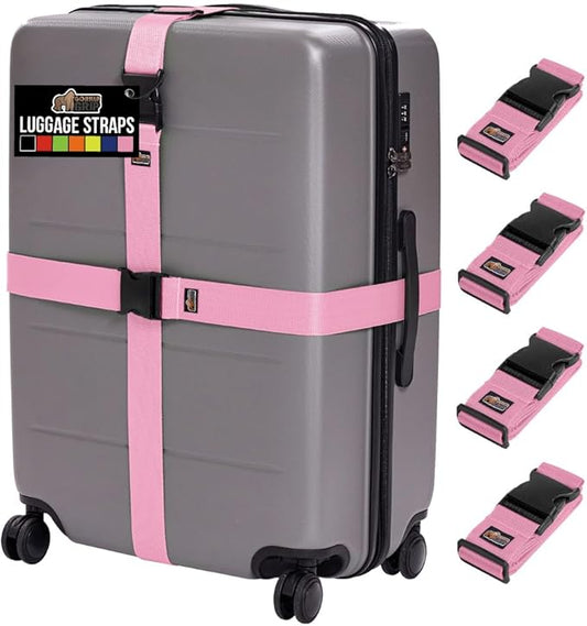 GORILLA GRIP Heavy Duty 4 Pack Adjustable Luggage Straps for Suitcases, Easy to Identify Travel Belt Connector Holds Suitcase Together, Extends Life of Bag, Strap Connects Two Bags, Accessories Pink