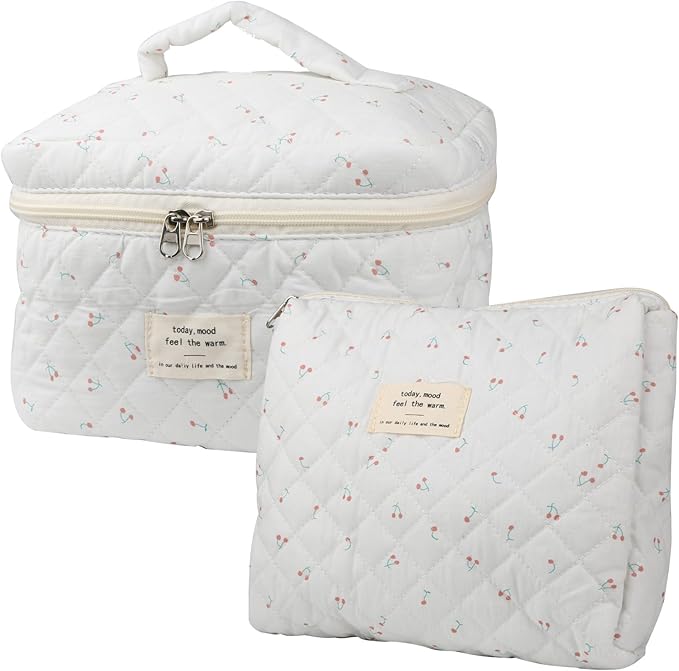 Cute Makeup Bag for Women(2 Pcs), Travel Cosmetic Bags, Quilted Coquette Aesthetic Floral Toiletry Organizer Bag (Cherry)