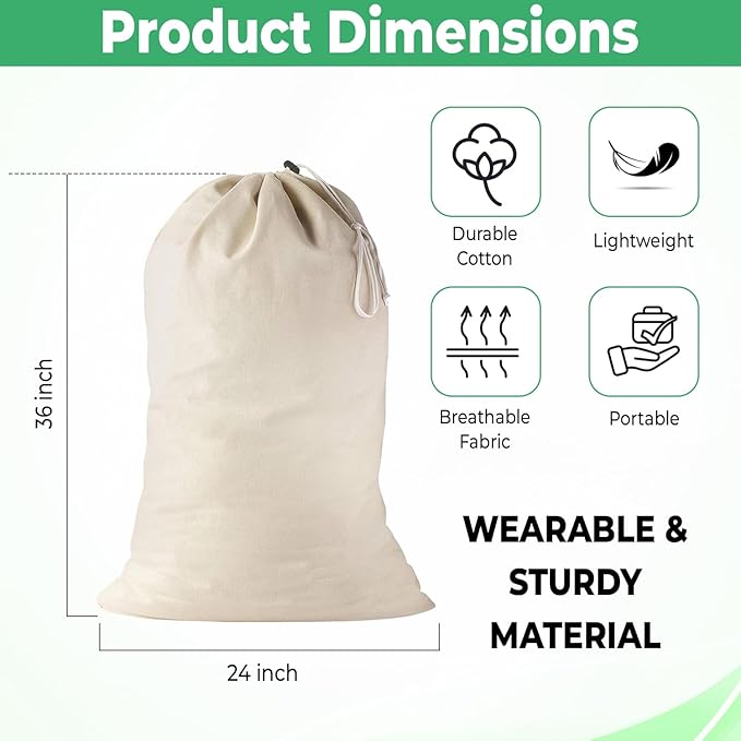 Large Cotton Laundry Bag, Heavy Duty Large Laundry Bags 24 x 36 inch Drawstring Travel Organizer Bag Fit Hamper Basket Camp (Beige, Pack of 1)