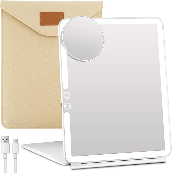 FUNTOUCH Large Rechargeable Travel Makeup Mirror with Light, 2500mAh Portable Makeup Mirror with 10X Magnifying Mirror 3 Lighting Modes, Dimmable Touch, Tabletop Folding Travel Mirror with Storage Bag
