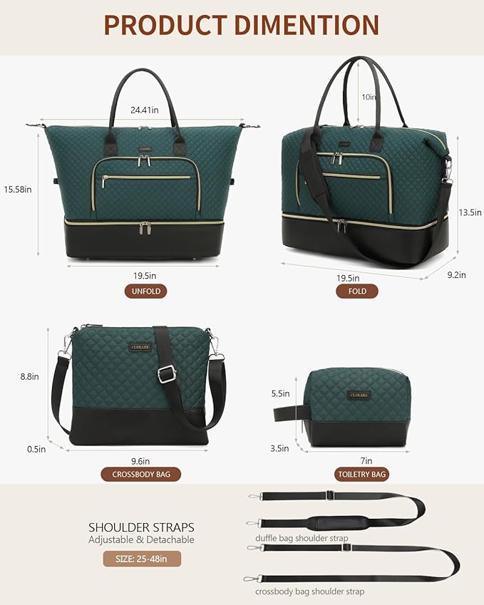 Duffle Bag for Women Travel, Weekender Bag Overnight Bag with Shoe Compartment, Carry on Bag with Crossbody Purse for Over Night, Weekend, Yoga, Gym, Business Trips, Hospital, DarkGreen Black