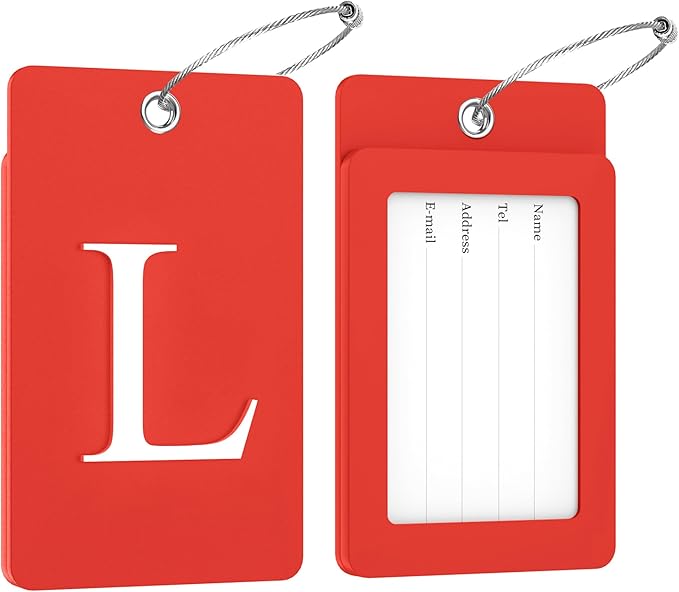 Gostwo 2 Pack Luggage Tags for Suitcases, 26 Initial Letter Travel Luggage Baggage Identification Labels ID Tag Fully Bendable Tags with Stainless Steel Loop (Red) (Letter L)