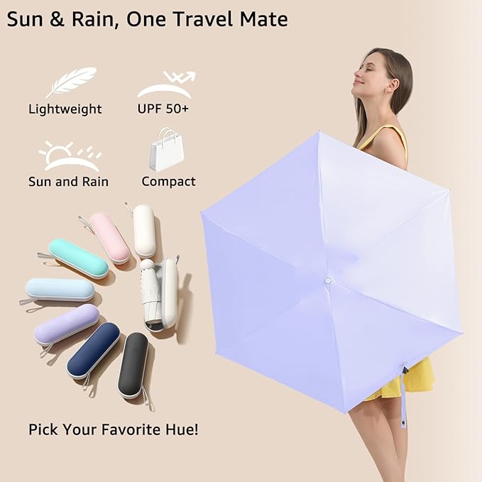 BAODINI Travel Essentials Mini Umbrella for Purse With Case Small Compact UV Sun Protection Lightweight Tiny Pocket Manual Open Close Umbrella for Women Kids and Men Fits Purse Backpack