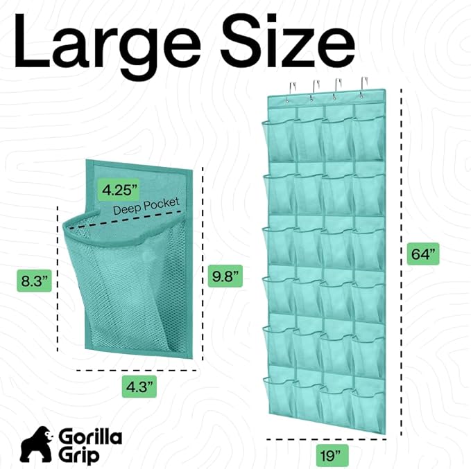 GORILLA GRIP Over the Door Shoe Organizer, 24 Large Breathable Mesh Pockets, Space Saving Hanging Storage Holder, Closet Rack Hanger Holds Up to 40 lbs, Hangs on Closets, Shoes, Accessories, Turquoise