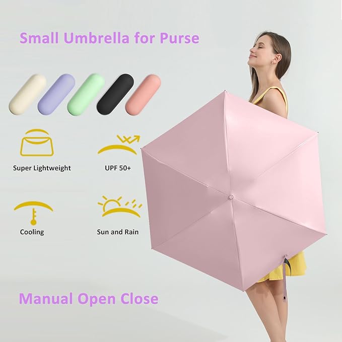 BAODINI Travel Essentials Mini Umbrella for Purse With Case Small Compact UV Sun Protection Lightweight Tiny Pocket Manual Open Close Umbrella for Women Kids and Men Fits Purse Backpack