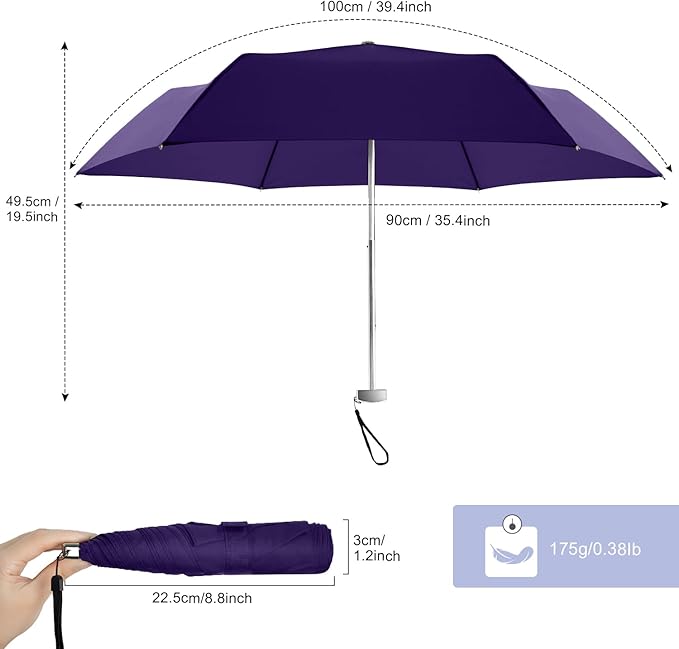 Lejorain Travel Mini Umbrella for Purse - Black Compact Durable Cool Teflon Light Weight Flat Backpacking Umbrella Portable Paraguas