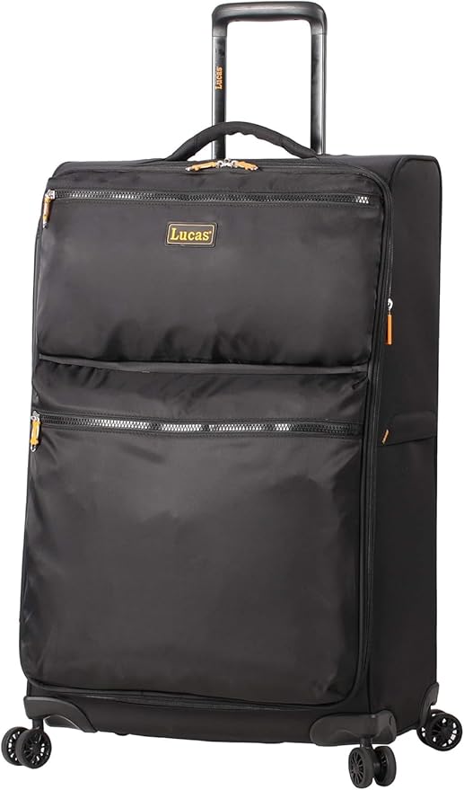 LUCAS Designer Luggage Collection - Expandable 28 Inch Softside Bag - Durable Large Ultra Lightweight Checked Suitcase with 8-Rolling Spinner Wheels (Black)