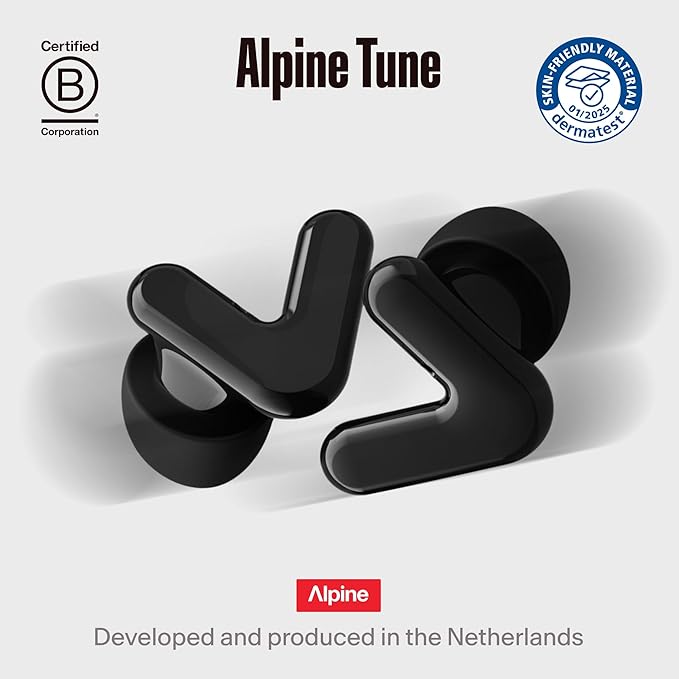 Alpine Tune Earplugs, Concert Ear Plugs for Noise Reduction, High Fidelity Music Quality, 19dB Hearing Protection with Crystal Clear Sound, Incl. 4 Sizes, for Parties, Raves, Festivals & Clubs, Black