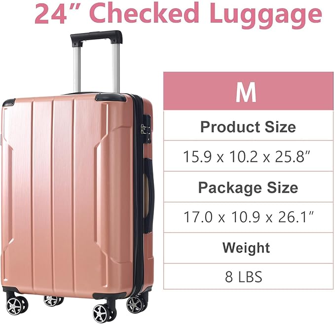 24 Inch Checked-Large Luggage, Lightweight ABS Hard Shell Suitcase with Spinner Wheels, Expandable Travel Luggage with Combination Lock & Side Hooks for Men Women, Rose Pink