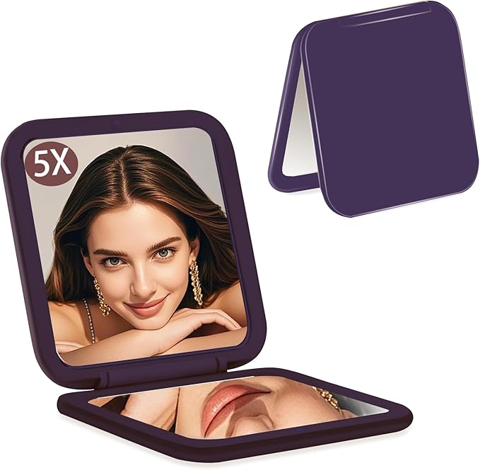 CYHTSHFZ Small Compact Mirror for Purse,5X/1X Travel Magnifying Mirror for Women, Makeup Mirror for Girls, Portable Ultra Slim Pocket Mirror（Purple）