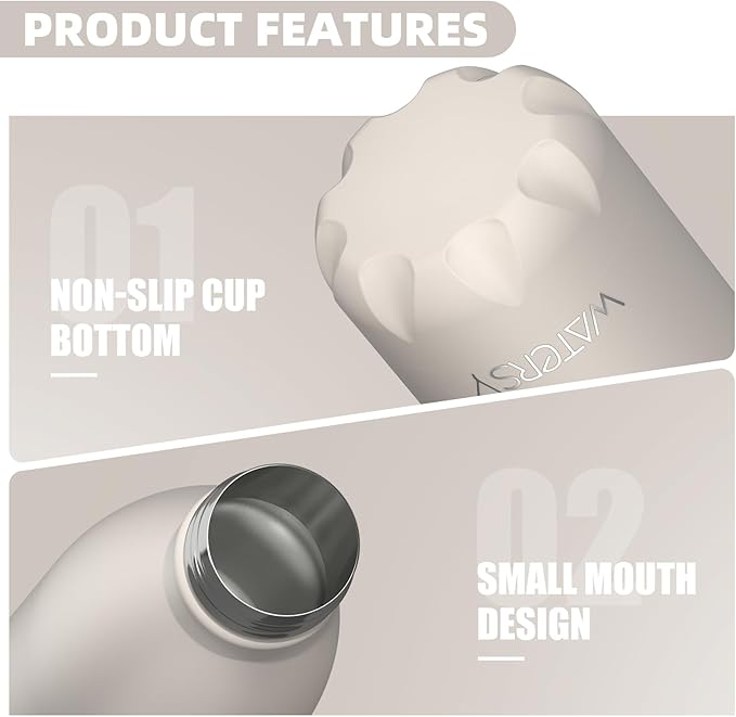 WATERSY Stainless Steel water bottles,17oz/500ml Insulated Water Bottles,Ivory Beige metal water bottle Keeps Drink Cold and Hot,BPA Free kids water bottles for School,Gym,Travel,Sports