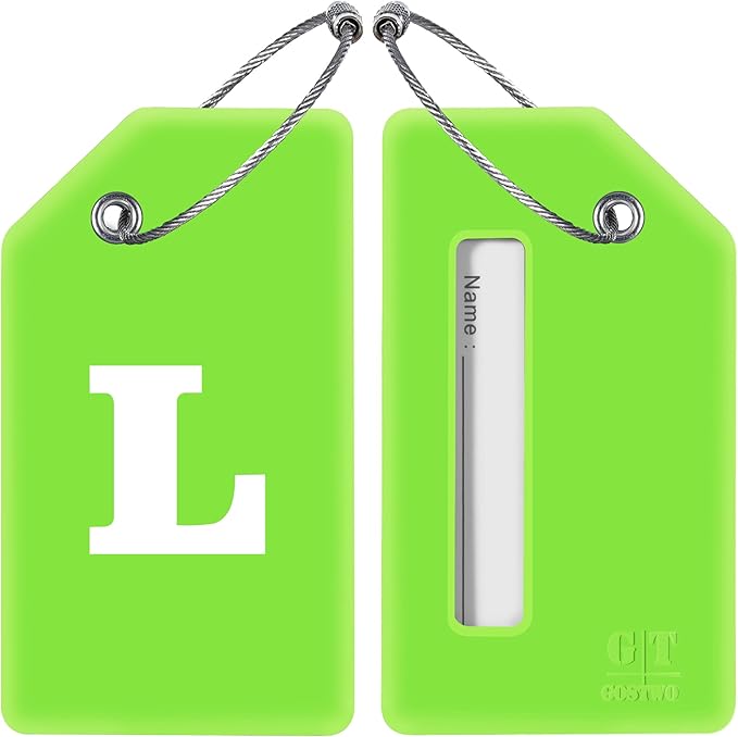 Gostwo 2 Pack Silicone Luggage Tags for Suitcases, 26 Initial Letter Baggage Labels Handbag School Bag Suitcase Instrument Tag with Stainless Steel Loop(Green)(Letter L)