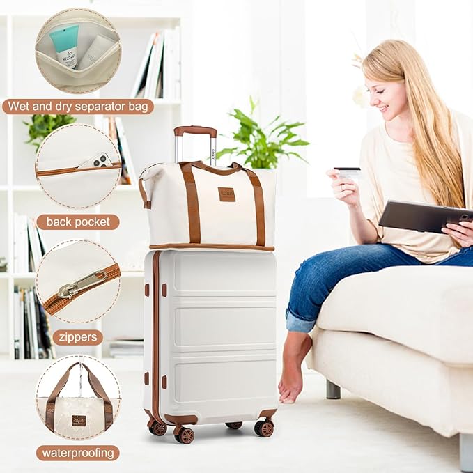 Kono Luggage Set 4 Piece Carry On Hardside Luggage with TSA Lock Spinner Wheels Lightweight PC+ABS Carry On Suitcase Cream White