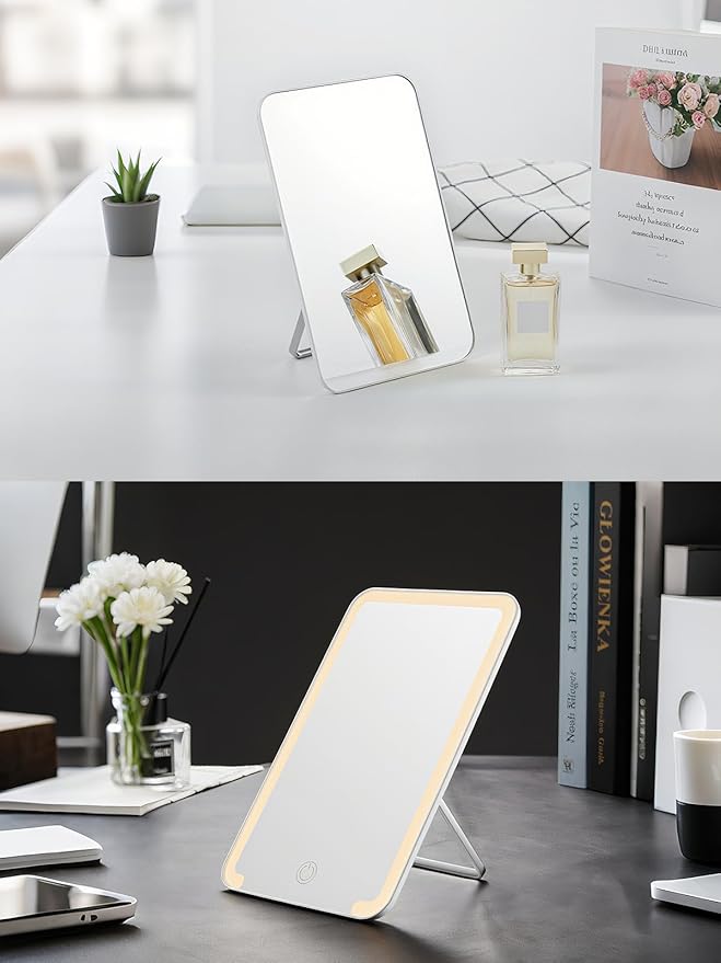 OMIRO Lighted Travel Makeup Mirror, 8 x 5 inches Desk Mirror with Foldable Stand and 3 Lighting Modes for Shaving and Travelling, White