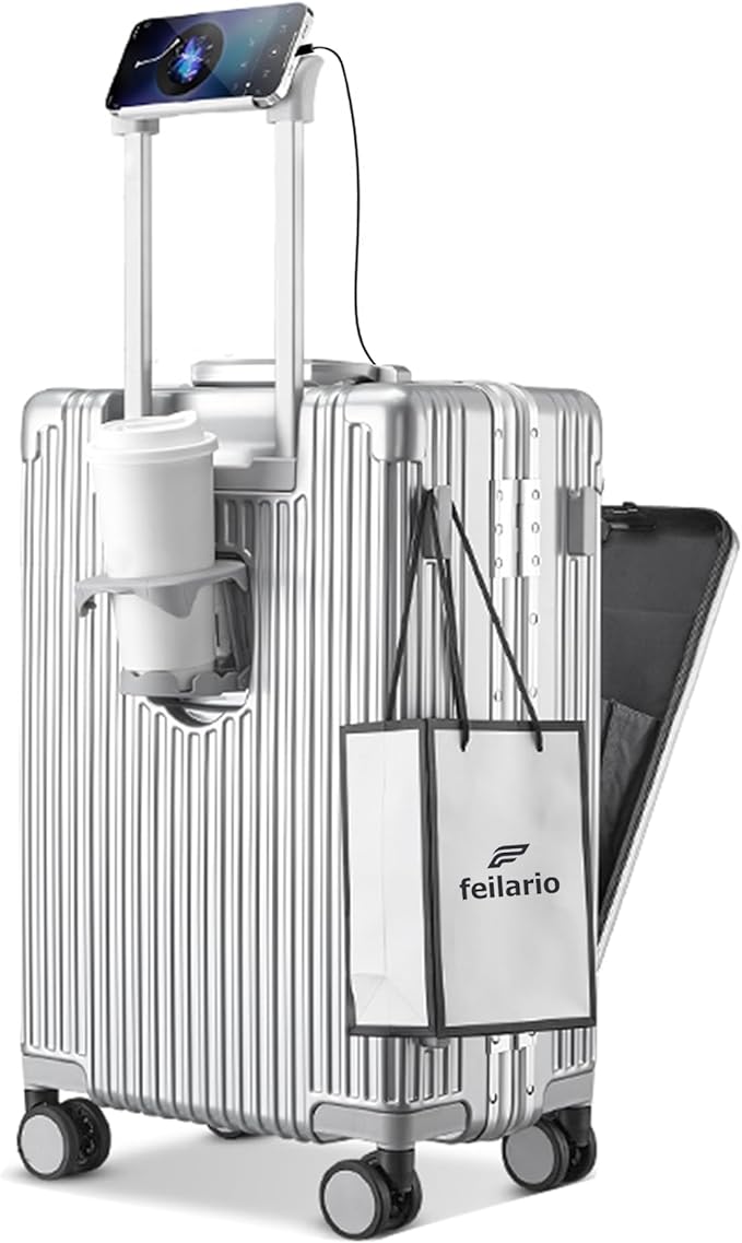 feilario Aluminium Frame PC Hard Shell Spinner Wheels Luggage,20.8"X15"X8.7 Airline Approved Built-In TSA lock Carry on Suitcase, with Cup Holder, USB Port, Phone Holder