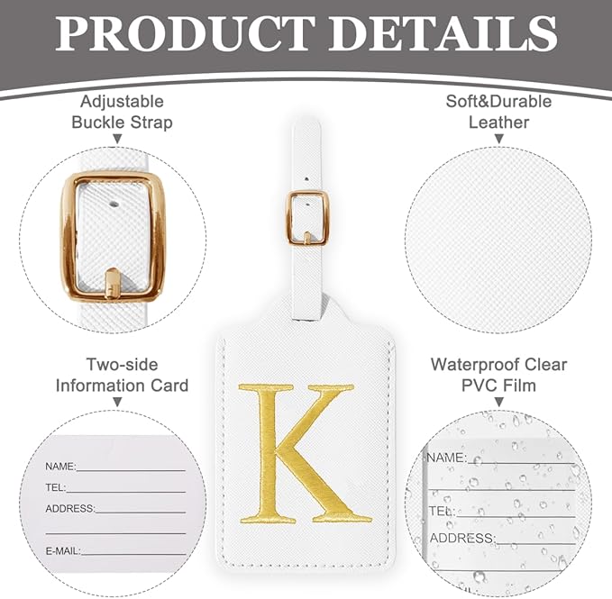 Personalized Initial Luggage Tags for Suitcases,Leather Letter Cute Luggage Tags with Privacy Name Card,Embroidered Monogrammed Travel Bag Backpack Tag Gifts for Women Kids Girls Teens(White-K)