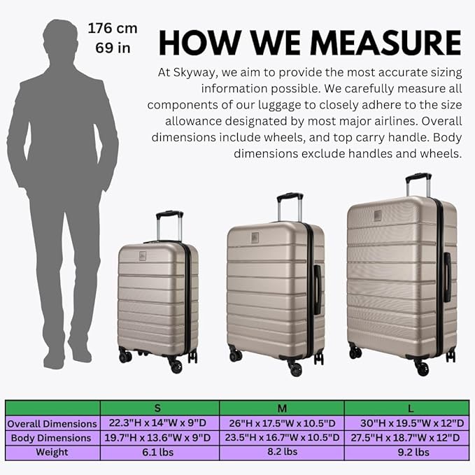 Skyway Epic 2.0 Hardside Lightweight and Durable ABS Shell Luggage, Spacious with 8-Wheel Spinners, Comfort Grip with Telescoping Handle, Men and Women, Bone, 3-Piece Set (20,24, 28)