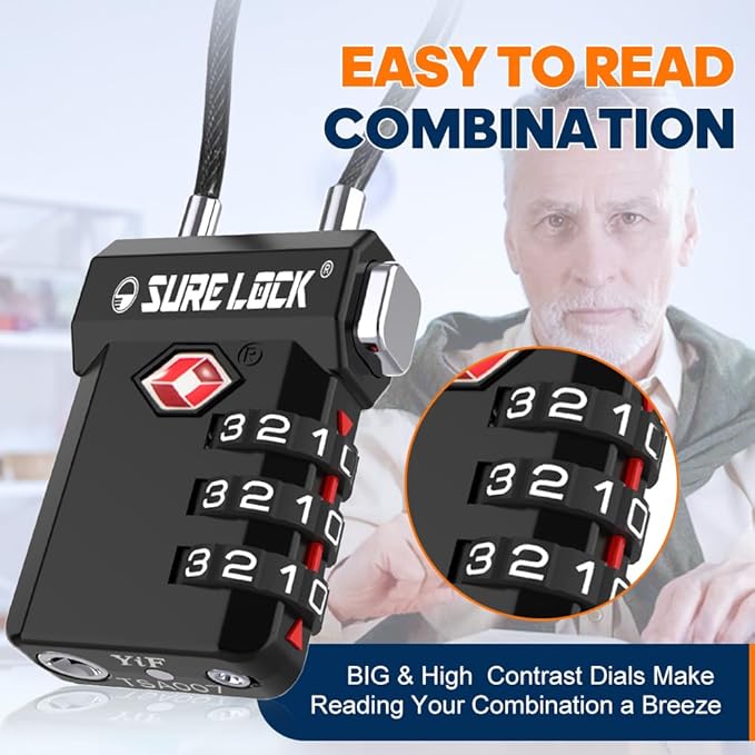 SURE LOCK TSA Approved Luggage Locks – 3-Digit Combination Cable Lock with Red Indicator, Large Dial & Easy-Press Button for Suitcases and Backpacks – Multi-Pack & Color Options