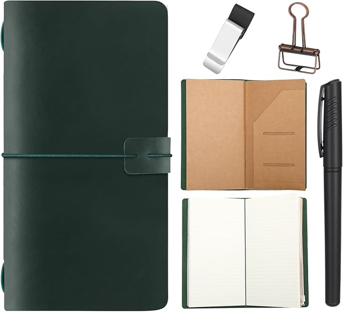 Thenshop Travelers Refillable Leather Journal Notebook Travel Diary Handmade Passport Travelers Journal for Men and Women with 3 Notebook Inserts, Pen Holder, Binder Clip(Green,Stand Size)