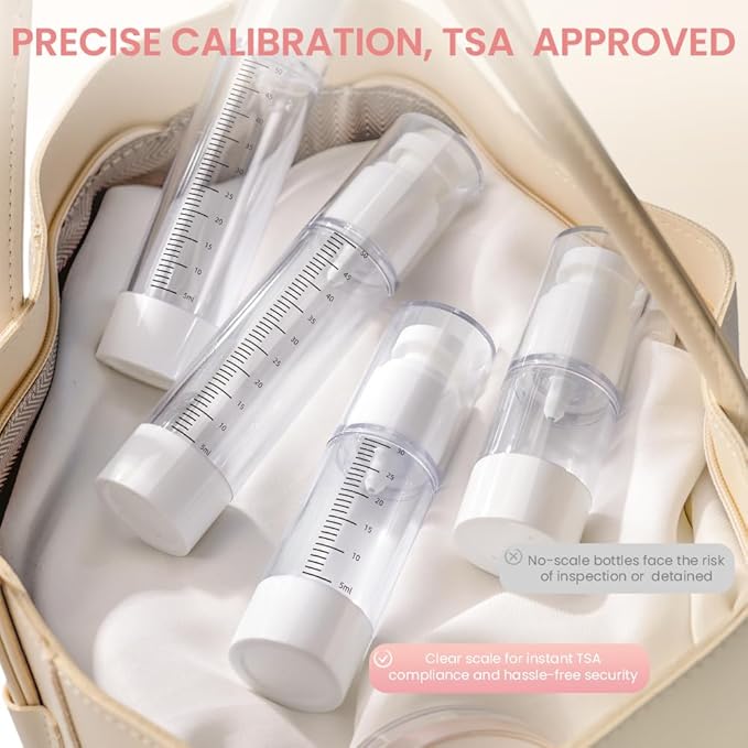 Travel Bottles Kits 7 Pcs , TSA Approved Leak Proof Toiletry Container Set, Graduated Vaccumn atomizer and Lotion Bottle, Squeeze Bottle, Transparent Cream Jar, for Shampoo Lotion Cream Cosmetic