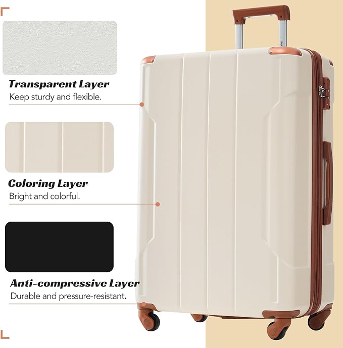 Merax 28 Inch Checked-Large Luggage with Wheels Aluminum Alloy Corner Hard Shell Suitcase TSA Luggage Suitcases for Travel Woman Men(White Brown)