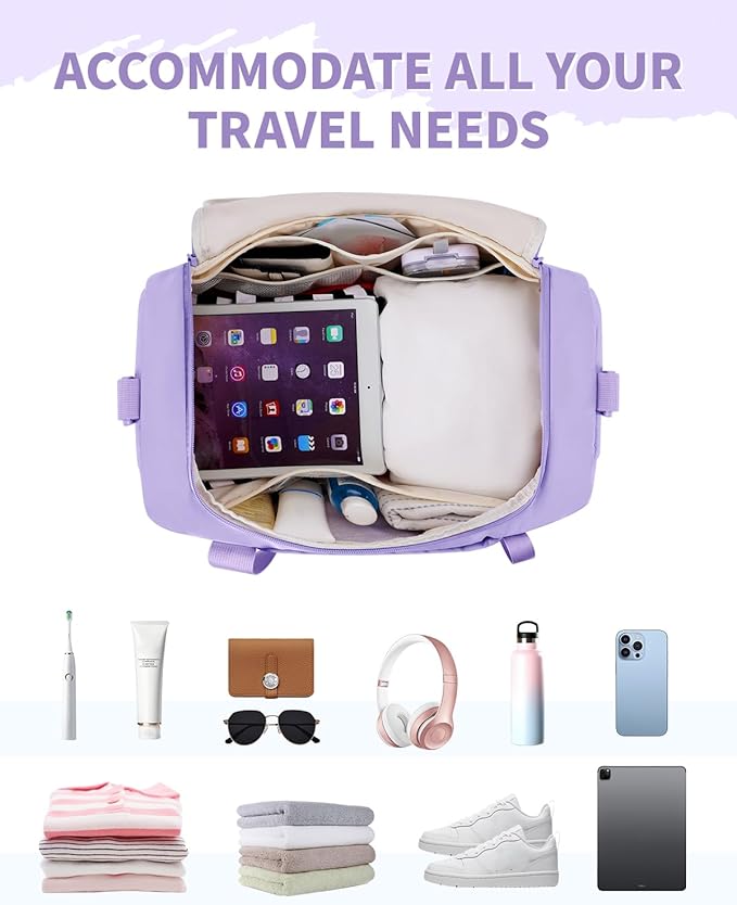 WANDF Travel Duffel Bag with Wet Pocket & Shoe Compartment, 18x14x8 Personal Item Bag with USB Charging Port, Water-Resistant Gym Weekender Overnight Carry-on for Women Men (Purple)